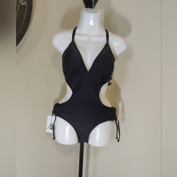 Women's Halter Cutout One Piece Swimsuit Mesh Monokini Bathing Suit - Picture 1 of 6